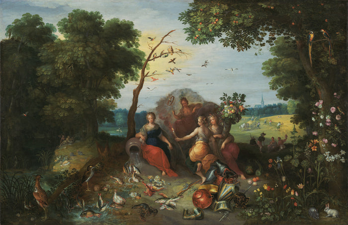 Jan Brueghel the Younger:Landscape with Allegories of the Fo,16x12