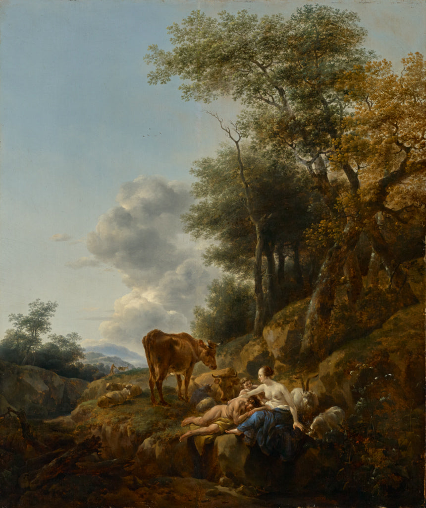 Nicolaes Berchem:Landscape with a Nymph and a Satyr,16x12"(A3)Poster