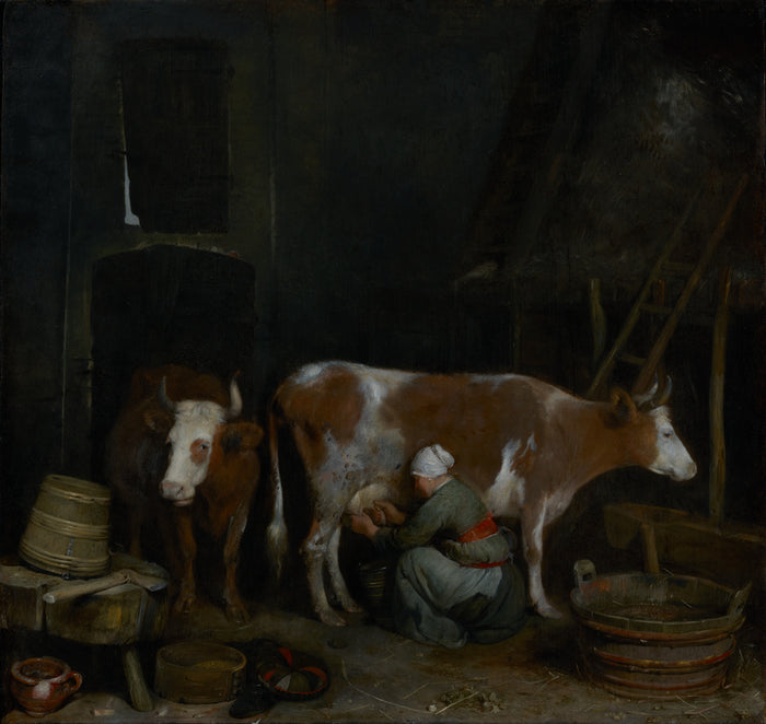 Gerard ter Borch:A Maid Milking a Cow in a Barn,16x12