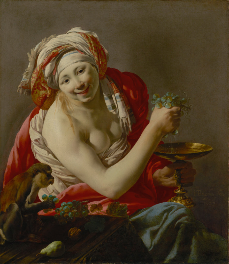 Hendrick ter Brugghen:Bacchante with an Ape, Poster Print Wall Art