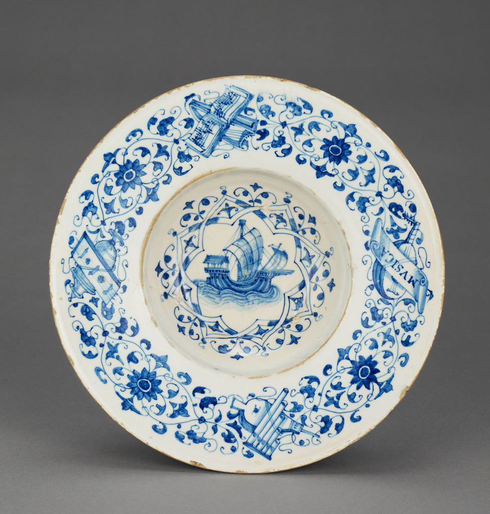 Unknown:Blue and White Dish with a Merchant Ship, Poster Print Wall Art