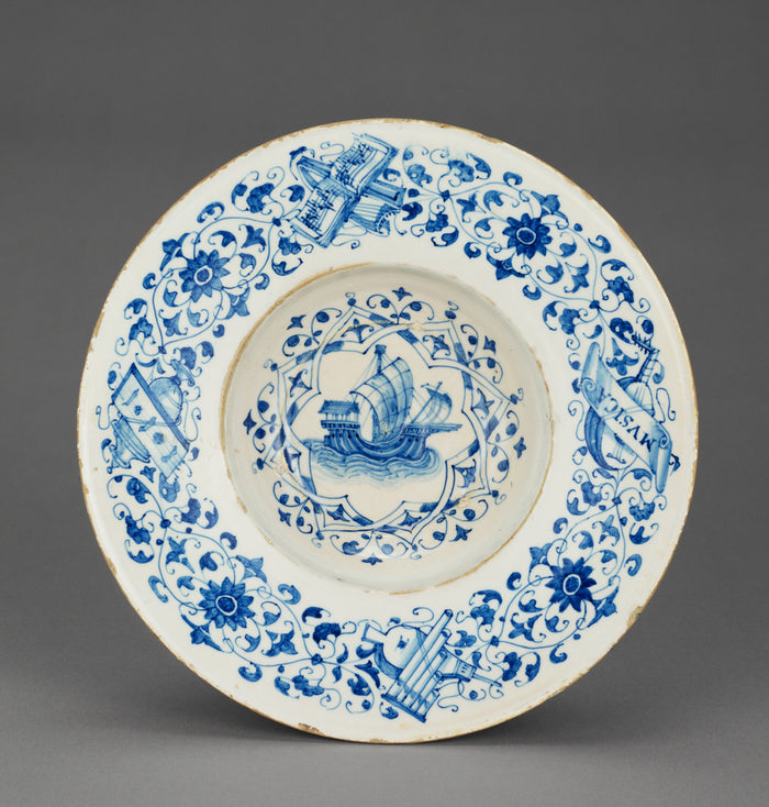 Unknown:Blue and White Dish with a Merchant Ship,16x12