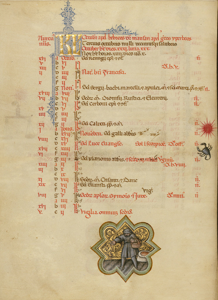 Master of the Brussels Initials:A Man Sowing Wheat; Zodiacal,16x12"(A3)Poster