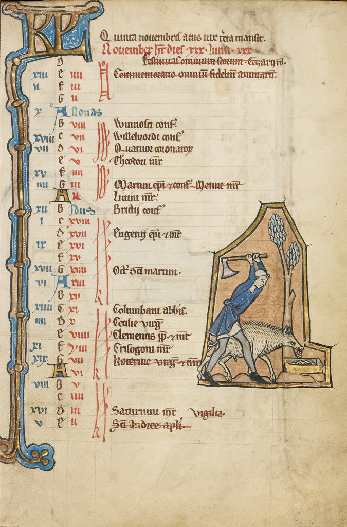Unknown:November Calendar Page; Gathering Acorns for Pigs, Poster Print Wall Art
