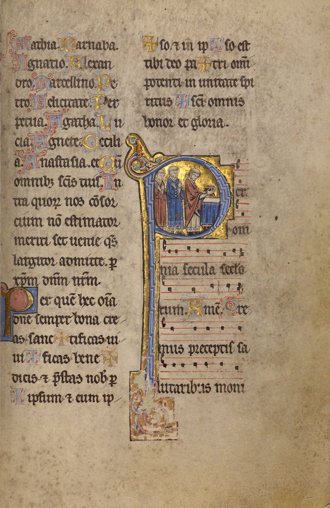 Unknown:Initial P: A Priest and Two Deacons before an Altar, Poster Print Wall Art