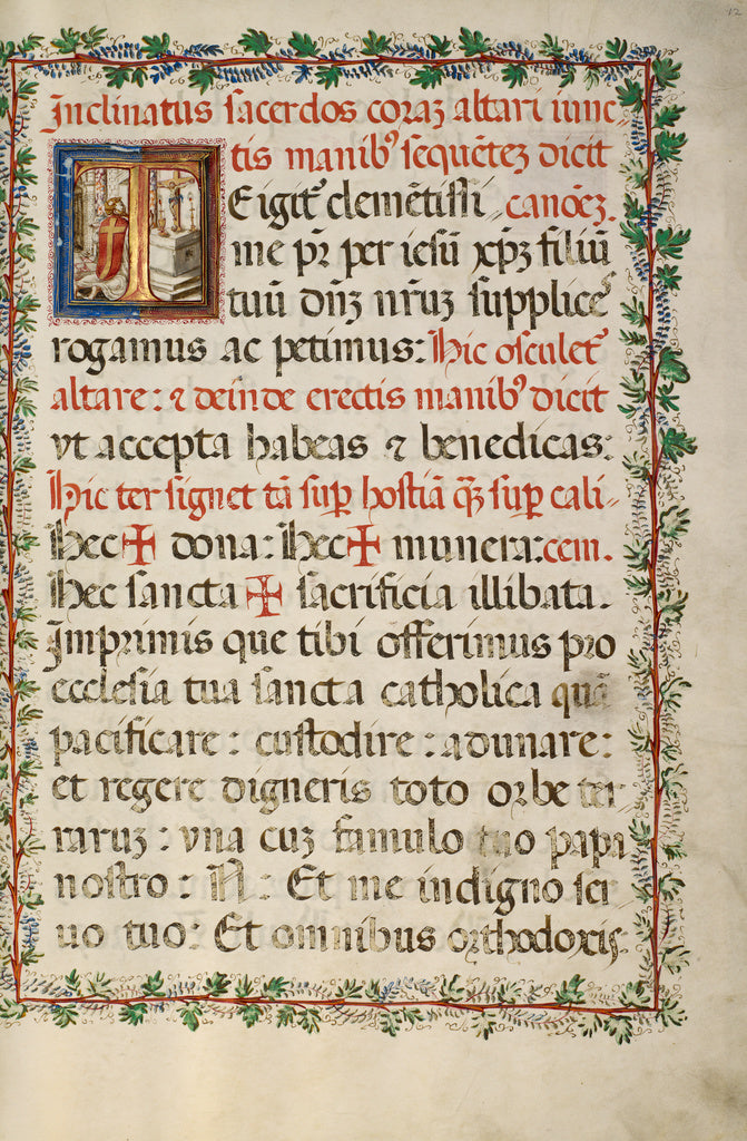 Fra Vincentius a Fundis:Initial T: A Priest Celebrating Mass, Poster Print Wall Art