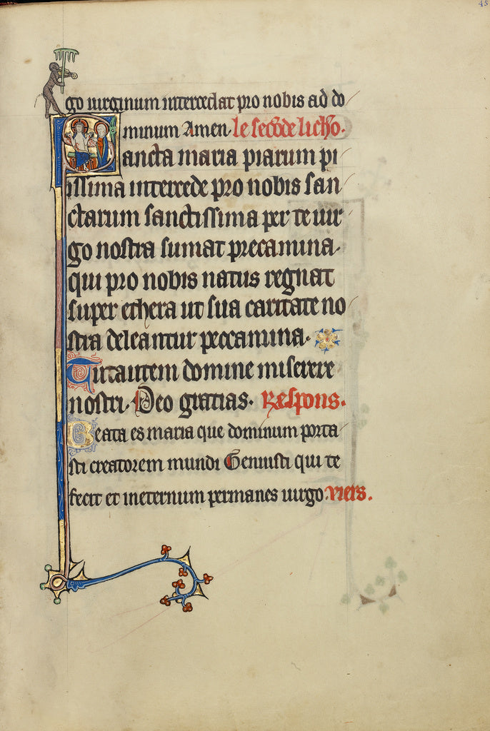 Unknown:Initial S: The Virgin Mary and Christ Showing his Wo, Poster Print Wall Art