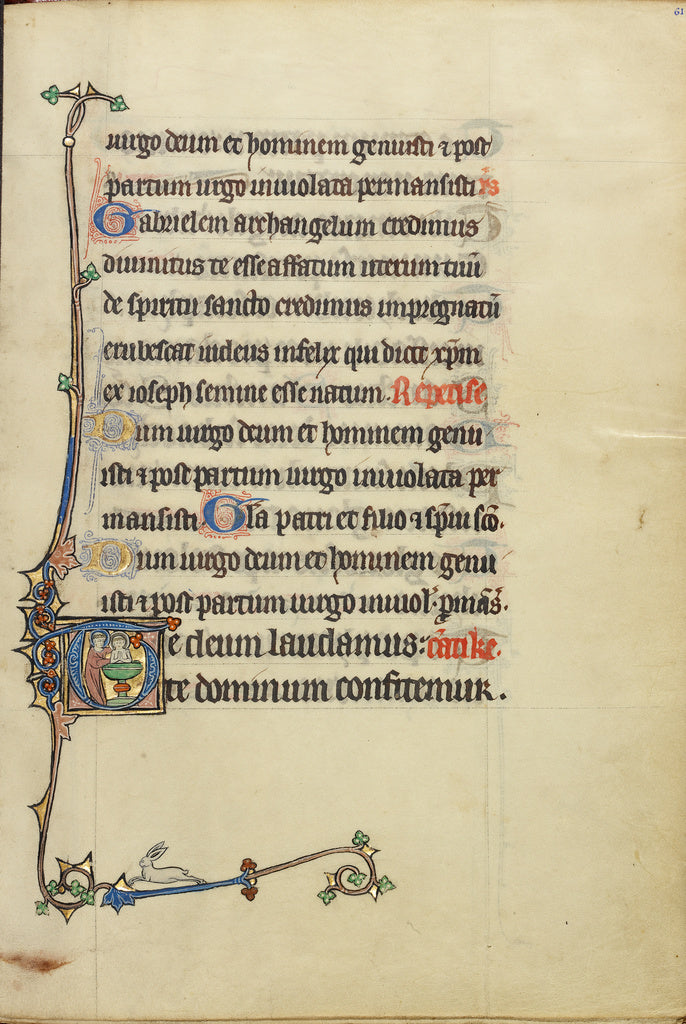 Unknown:Initial T: A Nimbed Cleric Baptizing Another Nimbed , Poster Print Wall Art