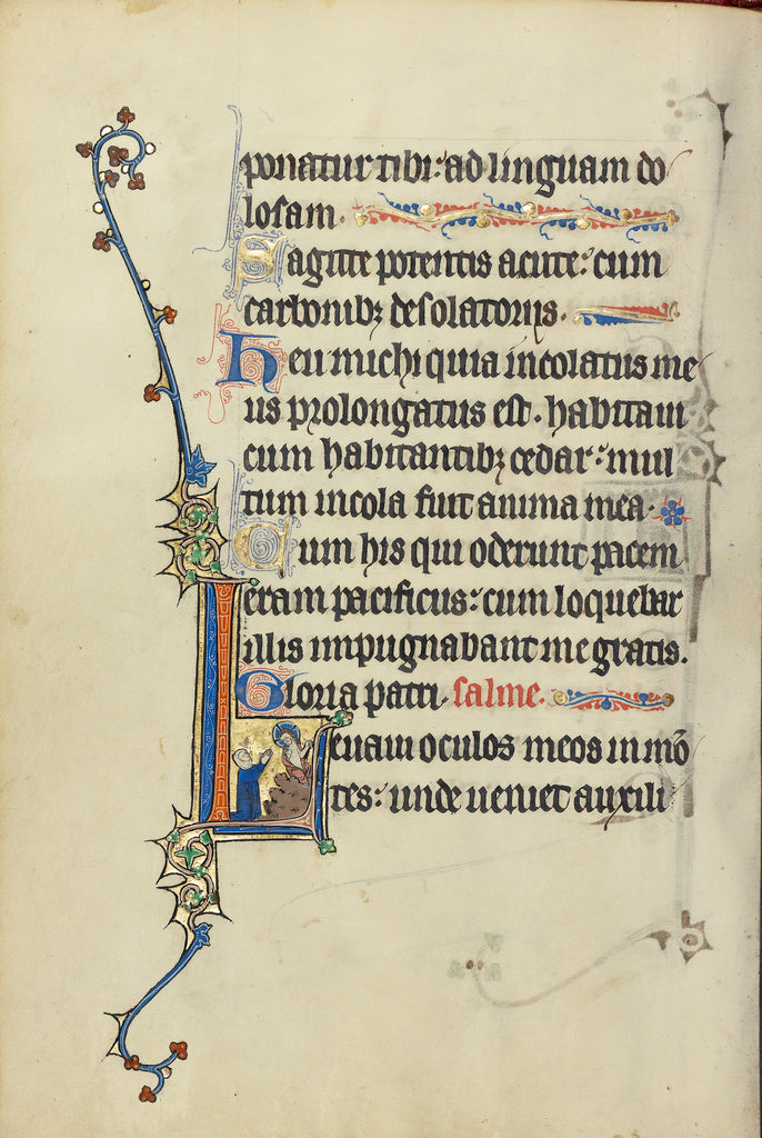 Unknown:Initial L: A Kneeling Nun in Prayer before Christ, Poster Print Wall Art