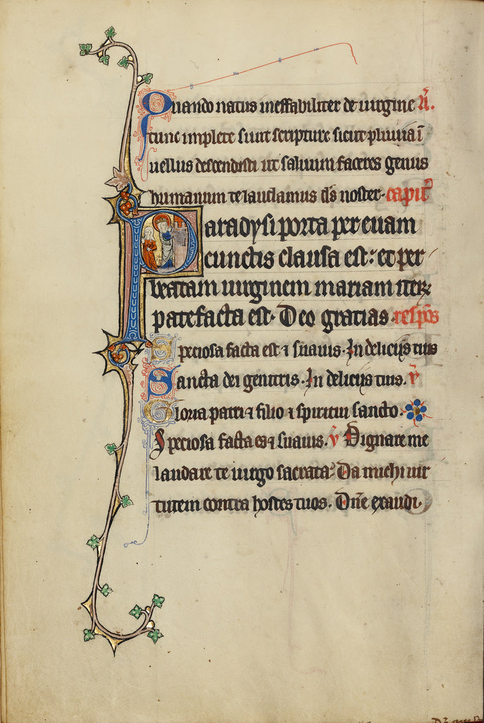 Unknown:Initial P: The Virgin Mary Opening a Door to a Woman, Poster Print Wall Art