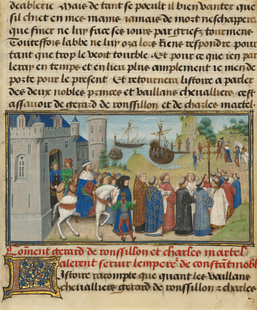 Loyset Liédet:The Byzantine Emperor Welcoming Roussillon an, Poster Print Wall Art