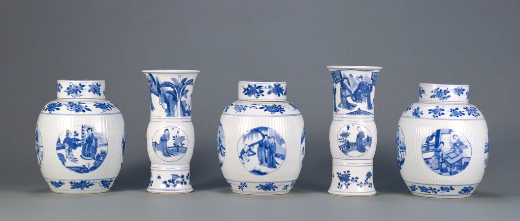 Unknown:Garniture of Three Lidded Vases and Two Open Vases, Poster Print Wall Art