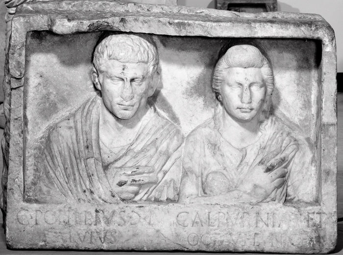 Unknown:Funerary Relief with Busts of Popillius and Calpurni,16x12