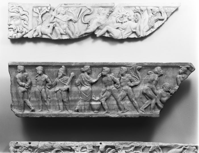 Unknown:Fragment of a Sarcophagus Lid with Iphigenia in Taur,16x12