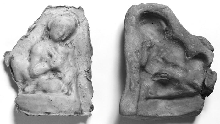 Unknown:Mold of a Crouching Male Child Holding a Puppy,16x12