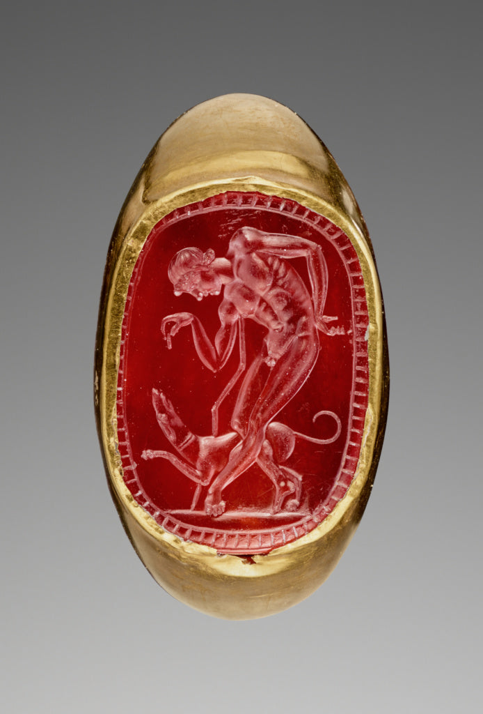 Unknown:Engraved Gem with a Youth and his Dog inset into a H, Poster Print Wall Art