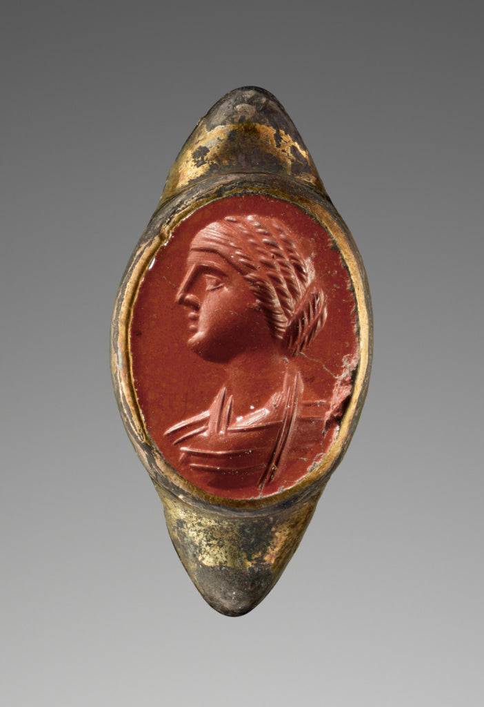 Unknown:Engraved Gem with a Portrait of a Woman set into a R, Poster Print Wall Art