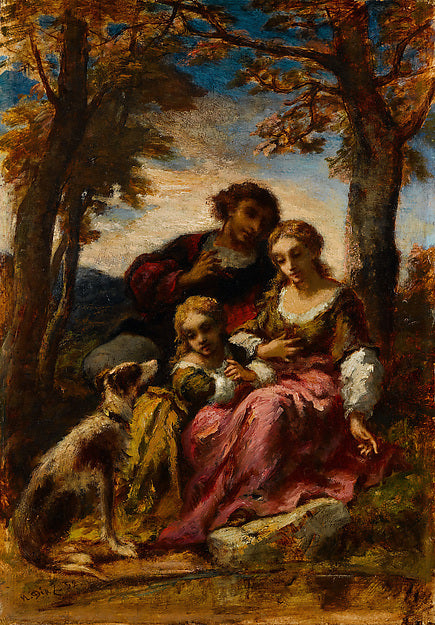 Narcisse-Virgile Diaz de la Peña:Figures and a Dog in a Land-16x12"(A3) Poster