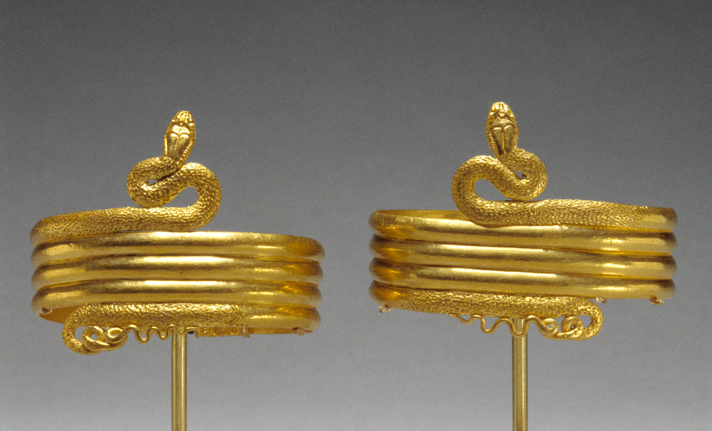 Unknown:Pair of upper arm bracelets in the form of a coiled , Poster Print Wall Art