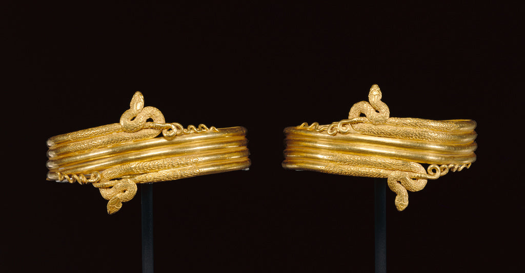 Unknown:Pair of wrist bracelets in the form of coiled snakes, Poster Print Wall Art