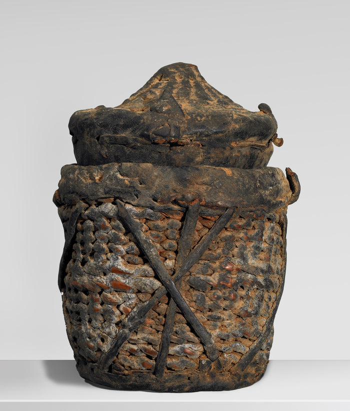 Unknown:Leather-Covered Lidded Basket,16x12