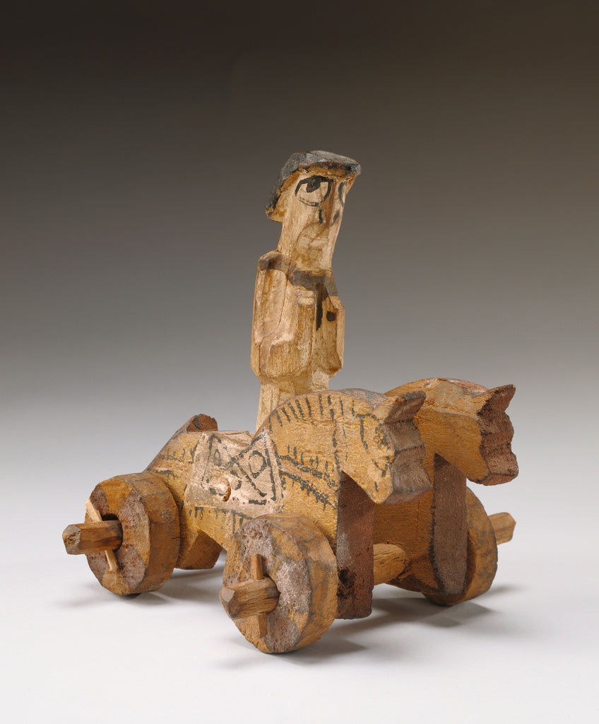 Unknown:Toy in the Shape of a Rider and Two Horses on Wheels, Poster Print Wall Art