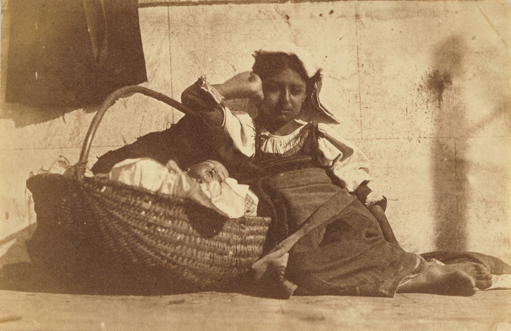 Giacomo Caneva:[Barefoot girl leaning on basket with a doll], Poster Print Wall Art