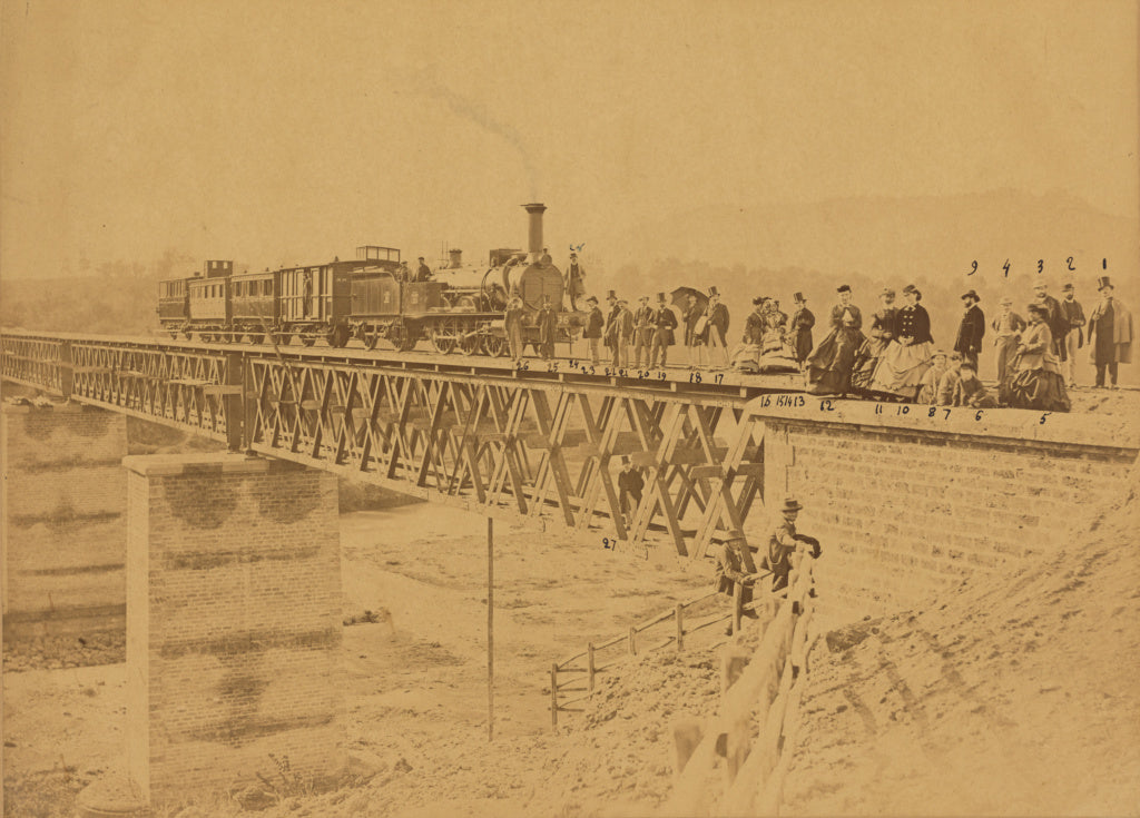 Altobelli & Molins:[Group portrait with train on bridge], Poster Print Wall Art