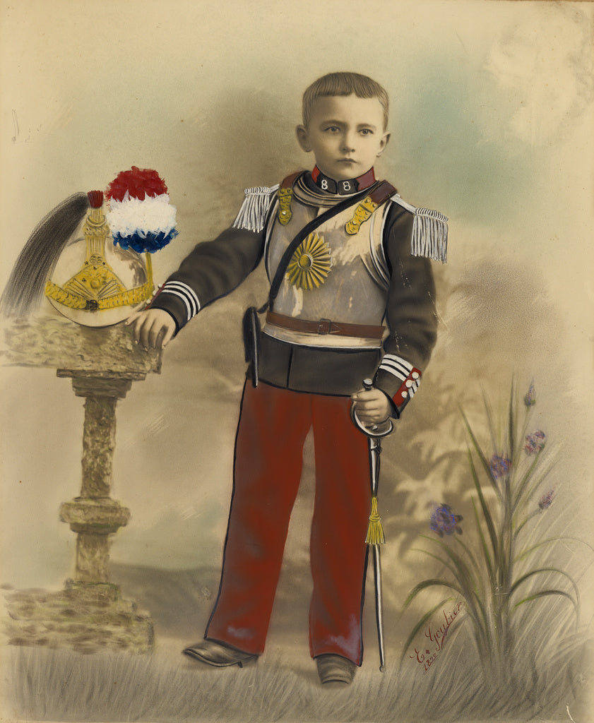 E. Goubier:[Boy in Military Dress with Helmet on Stand], Poster Print Wall Art
