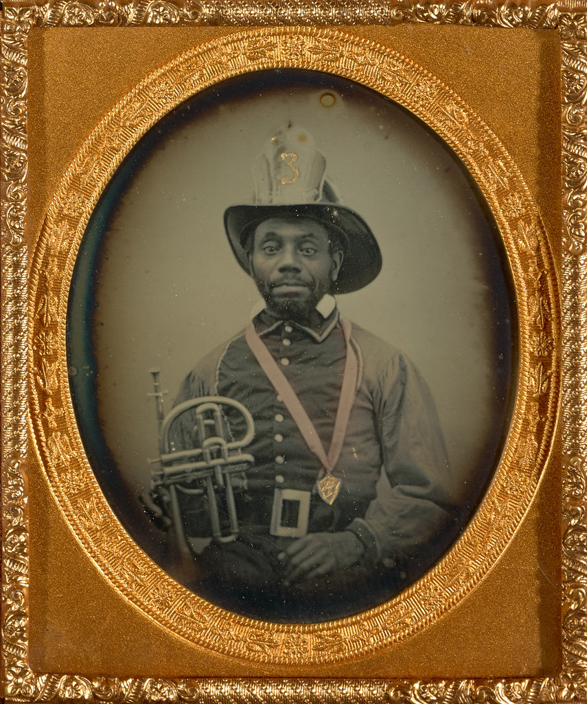Unknown maker, American:[Fireman in Uniform Holding a Brass , Poster Print Wall Art