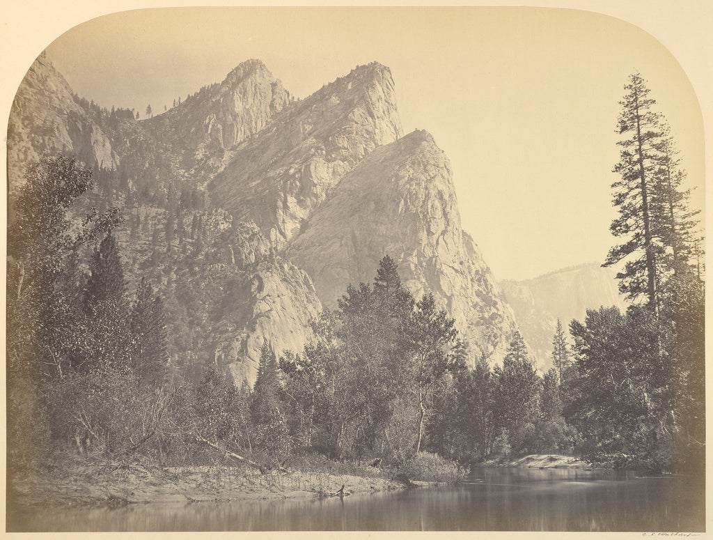 Carleton Watkins:Pompompasus - Three Brothers. 4480 ft. Yo S, Poster Print Wall Art
