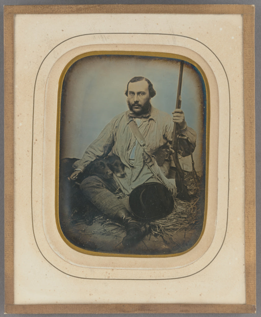 Unknown maker, French:[Bearded Hunter with gun and two dogs], Poster Print Wall Art