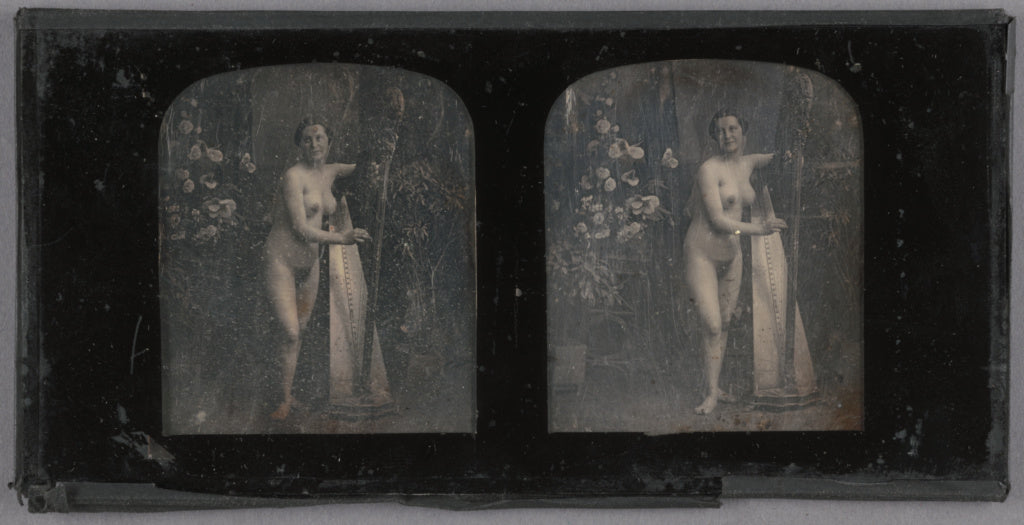 Unknown maker, French:[Standing female nude playing a harp], Poster Print Wall Art