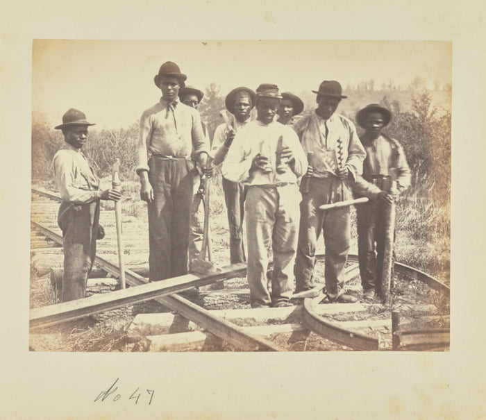 A.J. Russell:[Workers standing on railroad tracks],16x12