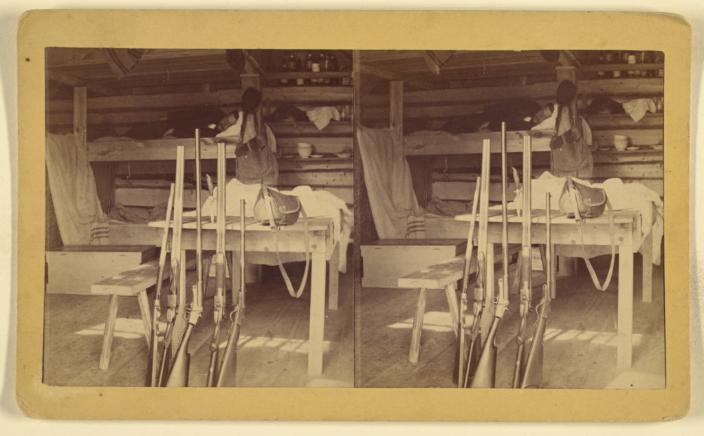 William V. Lane:[Interior of a cabin with shotguns leaning o, Poster Print Wall Art