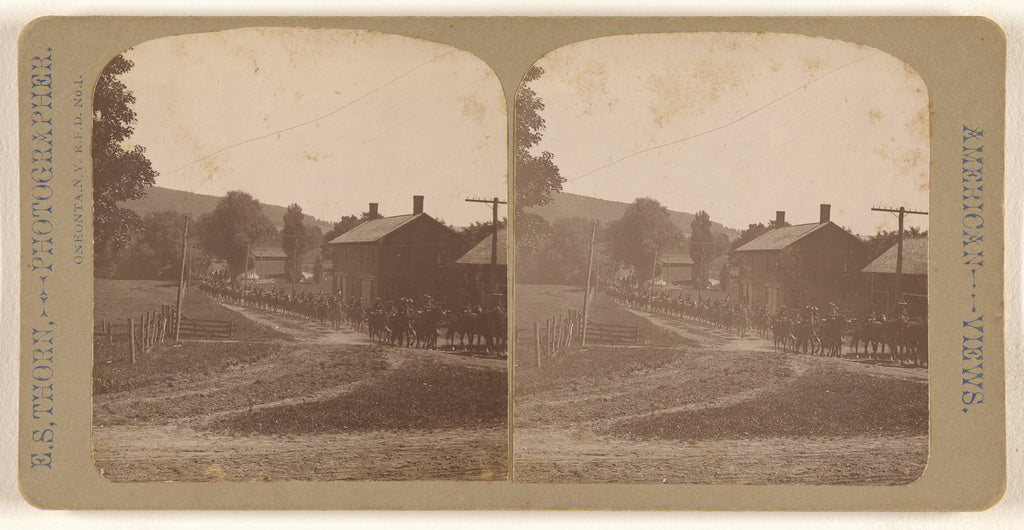E.S. Thorn:[Soldiers in formation riding through Oneonta, N., Poster Print Wall Art