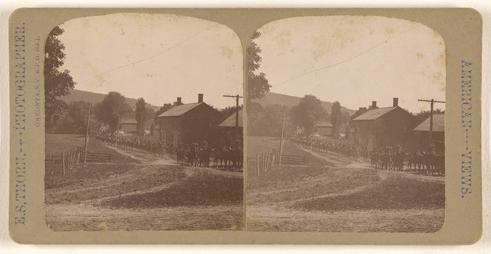 E.S. Thorn:[Soldiers in formation riding through Oneonta, N.,16x12