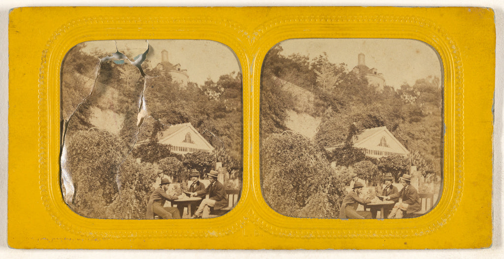 LeBas:[Three men playing cards outside, houses and hillside , Poster Print Wall Art