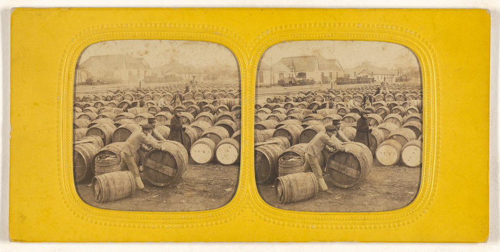 E. Lamy:[Men rolling a barrel in a field of barrels], Poster Print Wall Art
