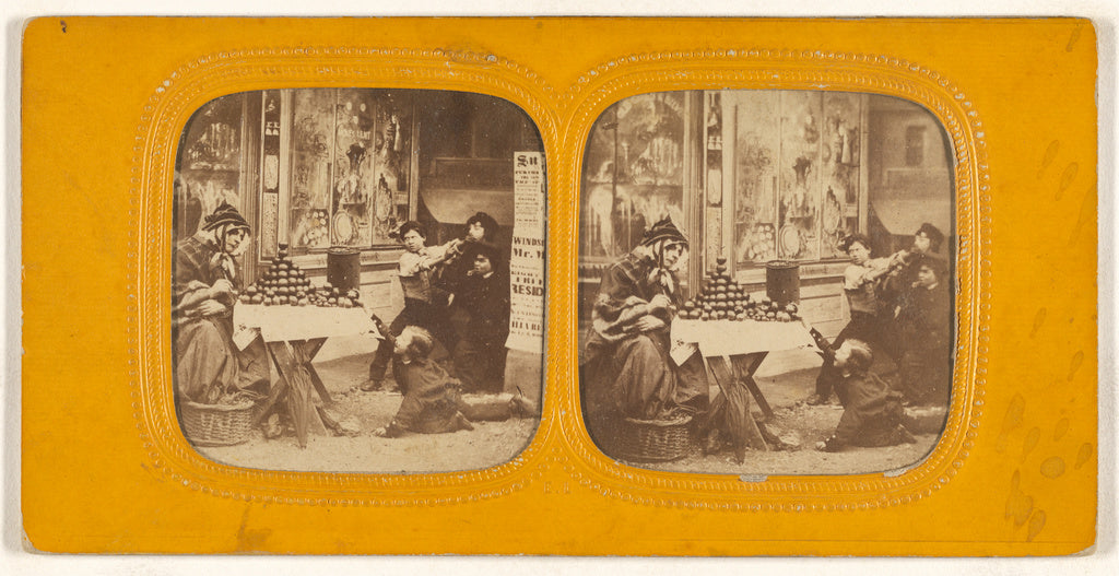E. Lamy:[Street scene: woman selling apples, group of childr, Poster Print Wall Art