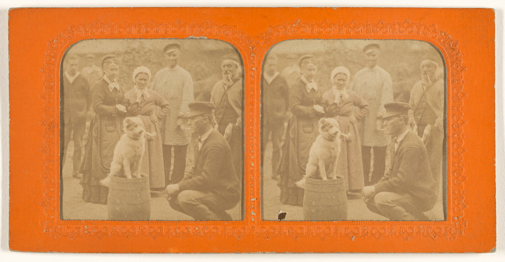 Unknown:[Dog smoking a pipe seated on a barrel with people o, Poster Print Wall Art