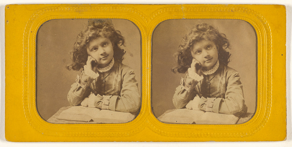 Unknown:[Little girl seated with hand on cheek, open book in, Poster Print Wall Art