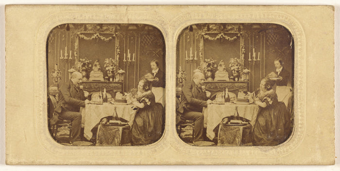 Unknown:[Elder man and woman at table eating, servant in bac,16x12