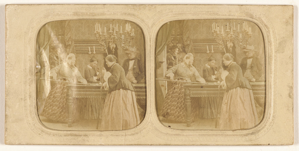 Unknown:[Three women playing billards, man in hat watching], Poster Print Wall Art