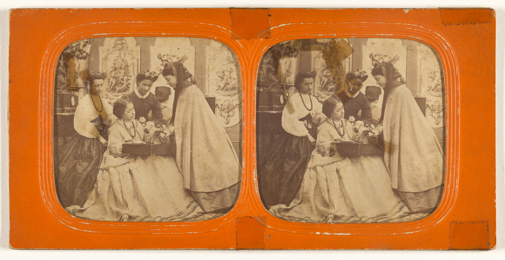 Unknown:[One woman seated examining contents of a box, other, Poster Print Wall Art