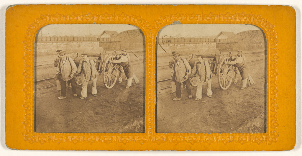 Unknown:[Men pushing and pulling a wagon], Poster Print Wall Art