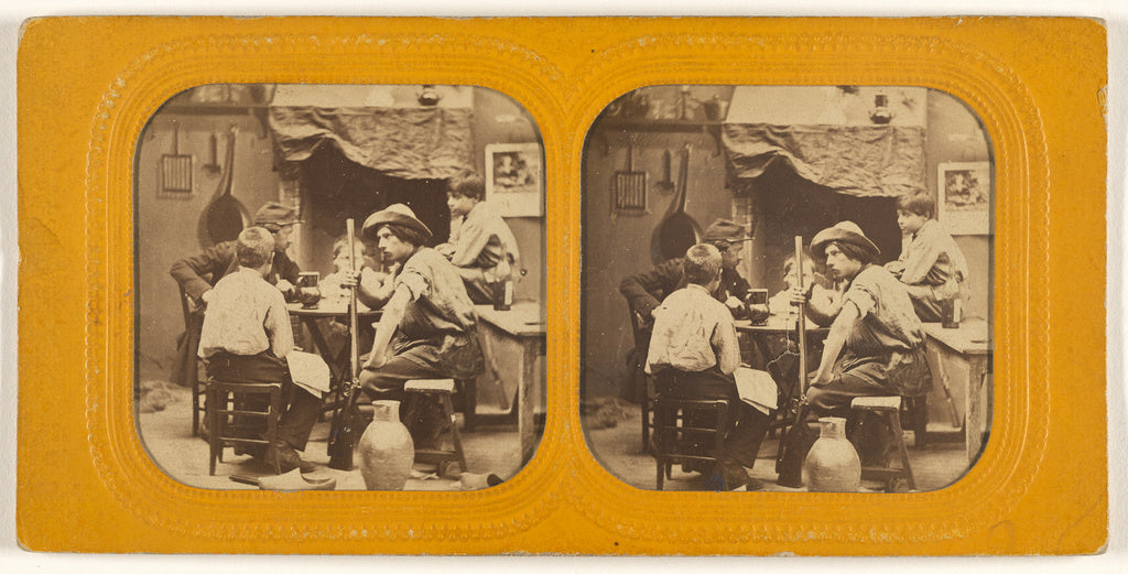 Unknown:[Men and boys at a table, one man holding a gun], Poster Print Wall Art