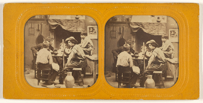 Unknown:[Men and boys at a table, one man holding a gun],16x12