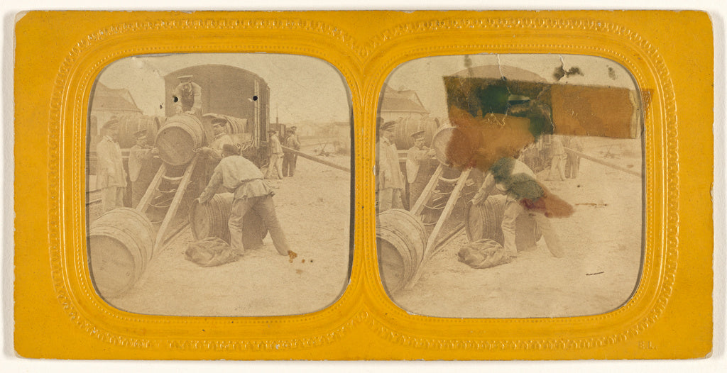 Unknown:[Men loading barrels on a train], Poster Print Wall Art