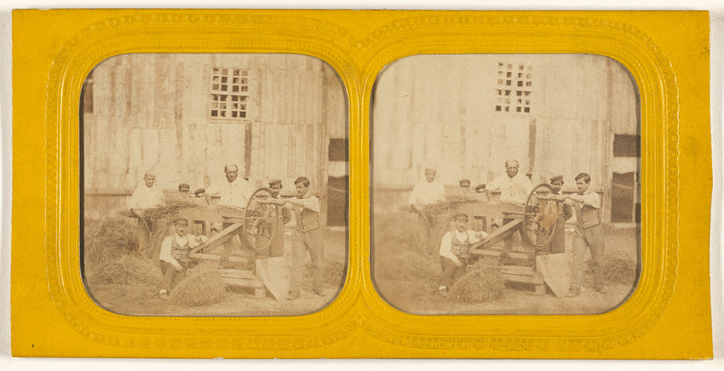Unknown:[Men working on hay chafing machine], Poster Print Wall Art